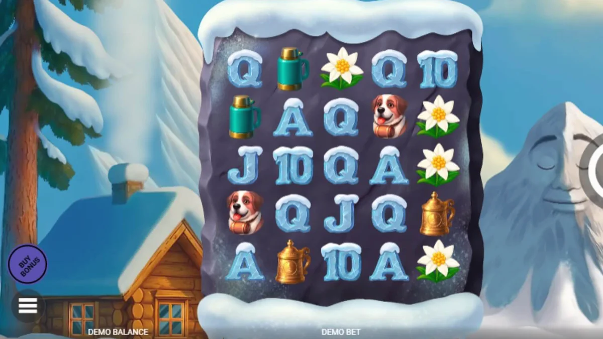 Pemandangan pegunungan bersalju dalam slot Avalanche dengan animasi yeti yang lucu